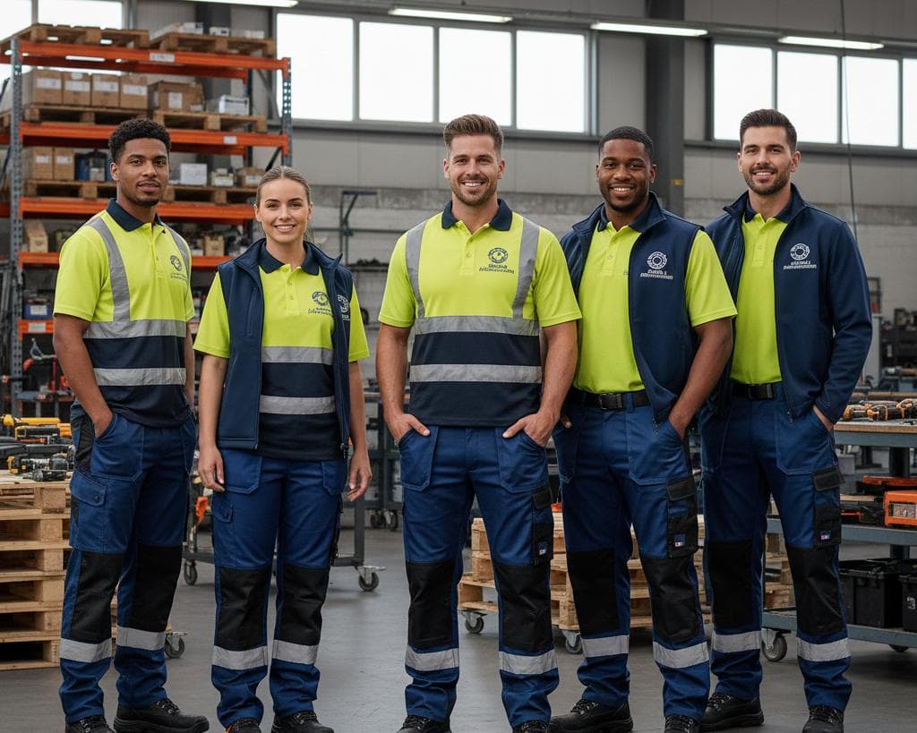 Industrial workers wearing durable work uniforms