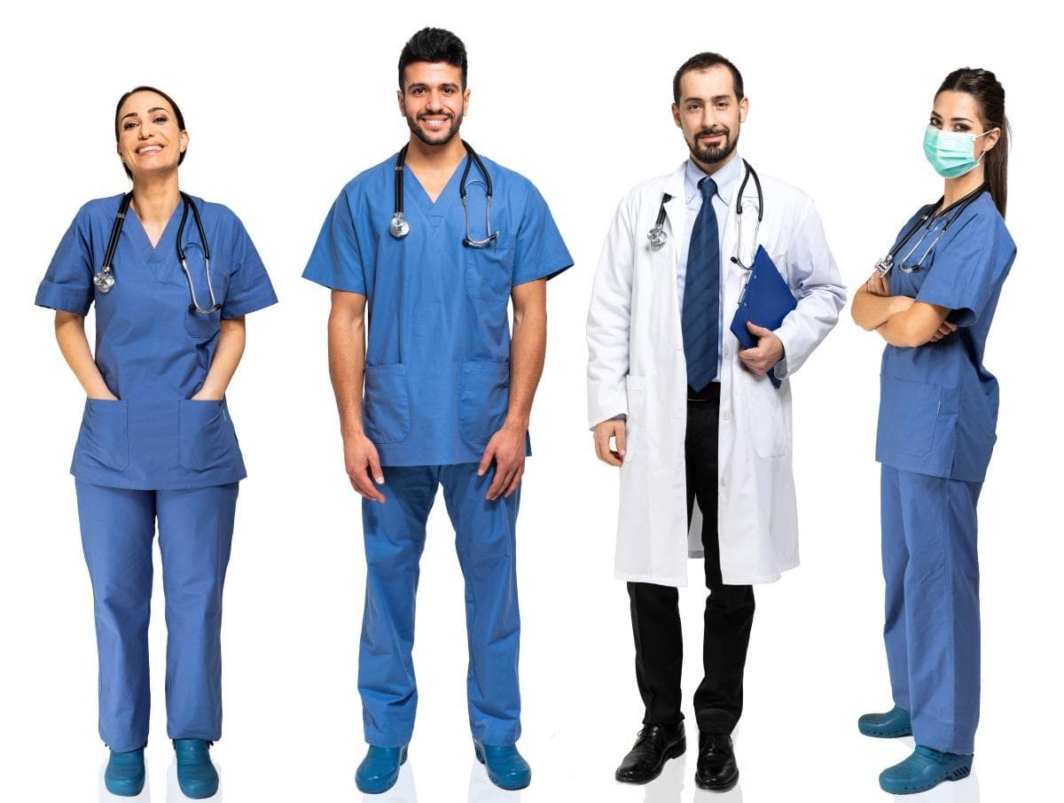 Healthcare professionals wearing medical scrubs